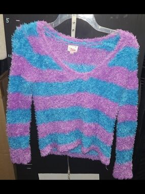 Justice Fuzzy Stripe Sweater in Purple & Teal Blue Size 12 Loose V Neck